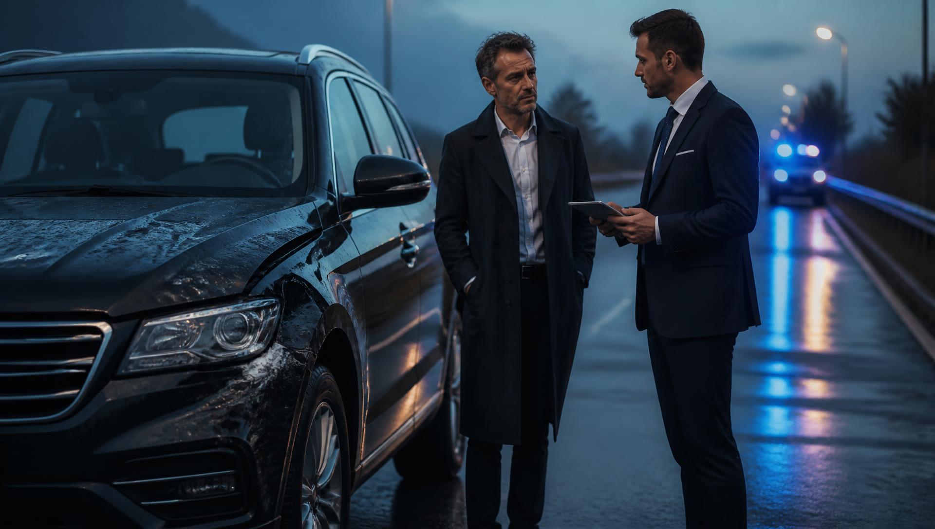 A claims specialist reassuring a driver beside his damaged executive SUV on a wet UK roadside at dusk